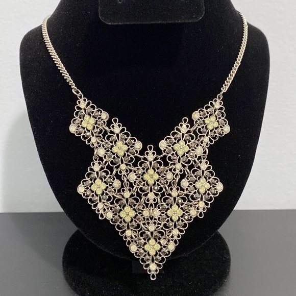 Silver Tone Bib Statement Necklace Faux Opal and Marcasite Stones - Picture 2 of 5